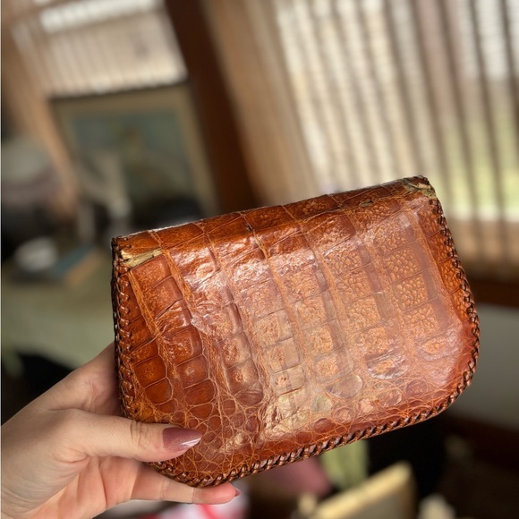 Cognac Brown Croc-Embossed Leather Clutch - Picture 3 of 7